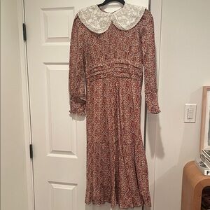 ba&sh Red Floral Long Sleeve Dress with White Lace Collar